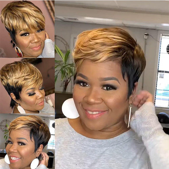 Honey Gold Mix Black Pixie Cut Bob Wig