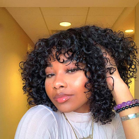 The Curly Wig Style With Wispy Bangs