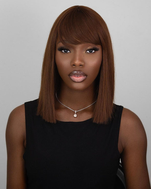 O.U Style Brown Short Straight Glueless Natural Wig With Bangs-26