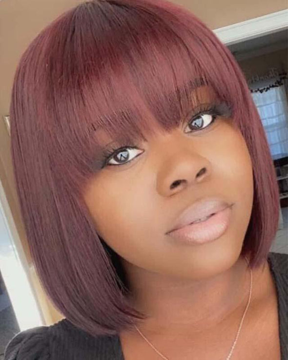 Glueless bangs bob burgundy wig -140% (super thick video)