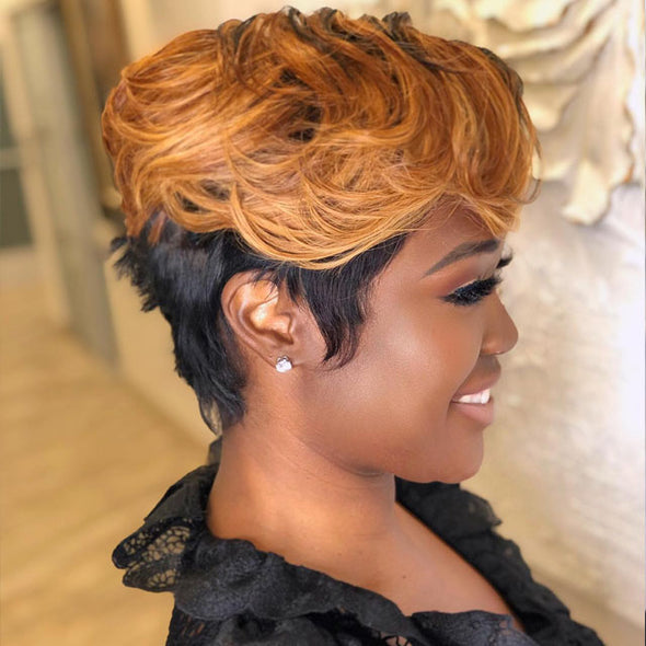 Black Brown Cut Pixie Wig for Black Women With Bangs