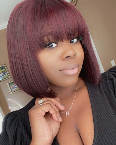 Glueless bangs bob burgundy wig -140% (super thick video)