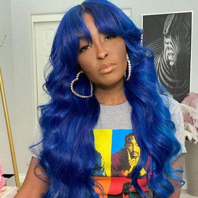 Long Blue Body Wave Brazilian Wig With Bangs