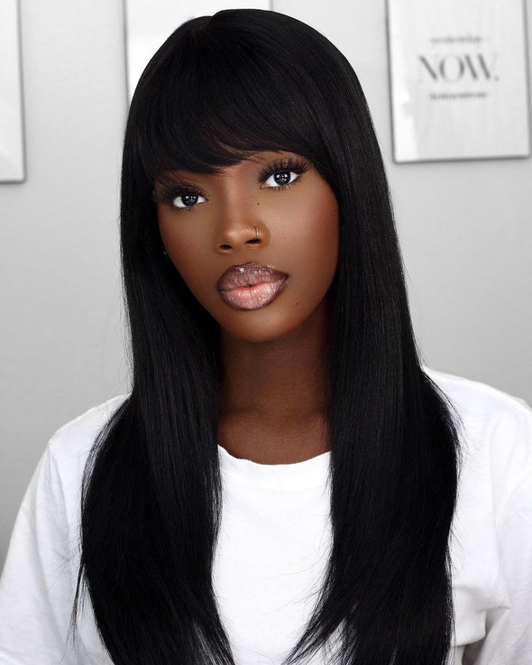 O.U Style Long Straight Glueless Natural Wig With Bangs-50