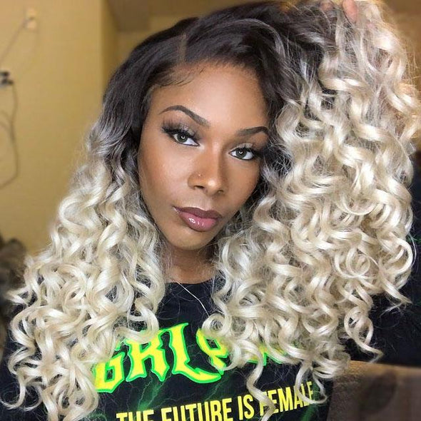 Glueless Blonde Black Curly Wig