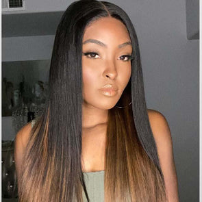 Straight Black With Brown Color Brazilian Wig