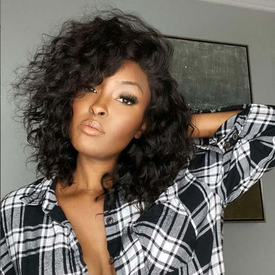 Deep Wave Short Black Brazilian Wig With Bangs