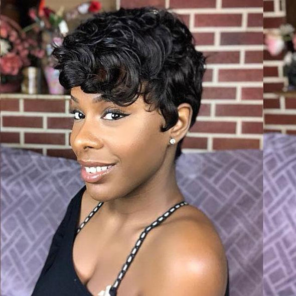 Glueless Curly Black Pixie Cut Wig