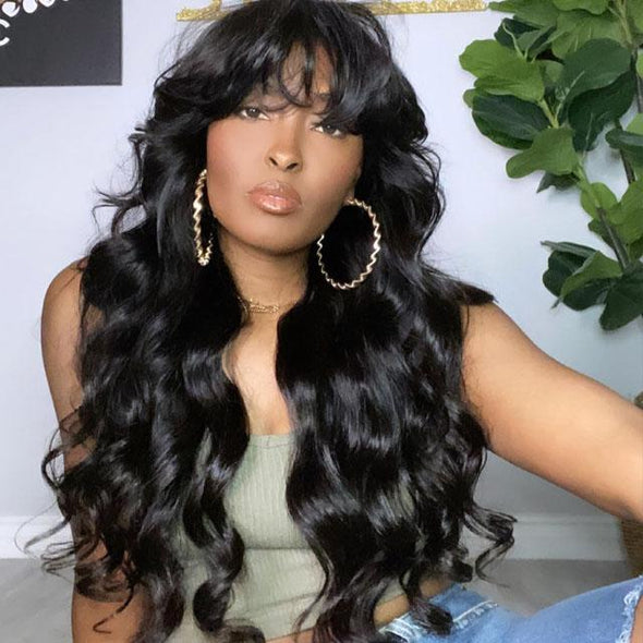 Black Long Body Wave Brazilian Wig With Bangs