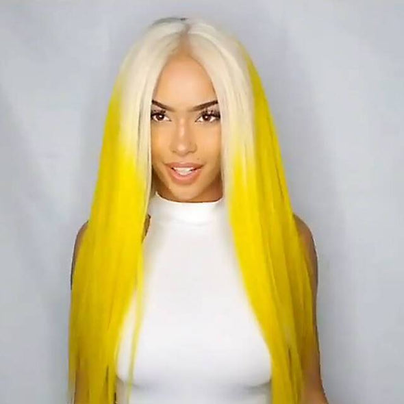 Super cute latest bright platinum yellow straight / wave wig