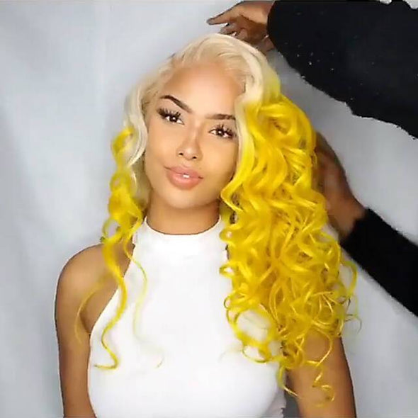 Super cute latest bright platinum yellow straight / wave wig